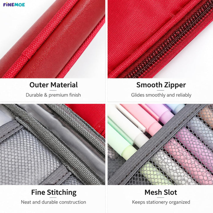 Book-Style Pencil Case – Mesh and Phone Pocket – Red