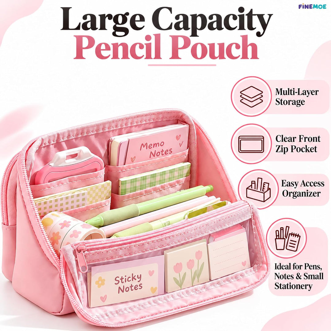 Standing Pencil Case – Detachable Clear Pouch – Pink
