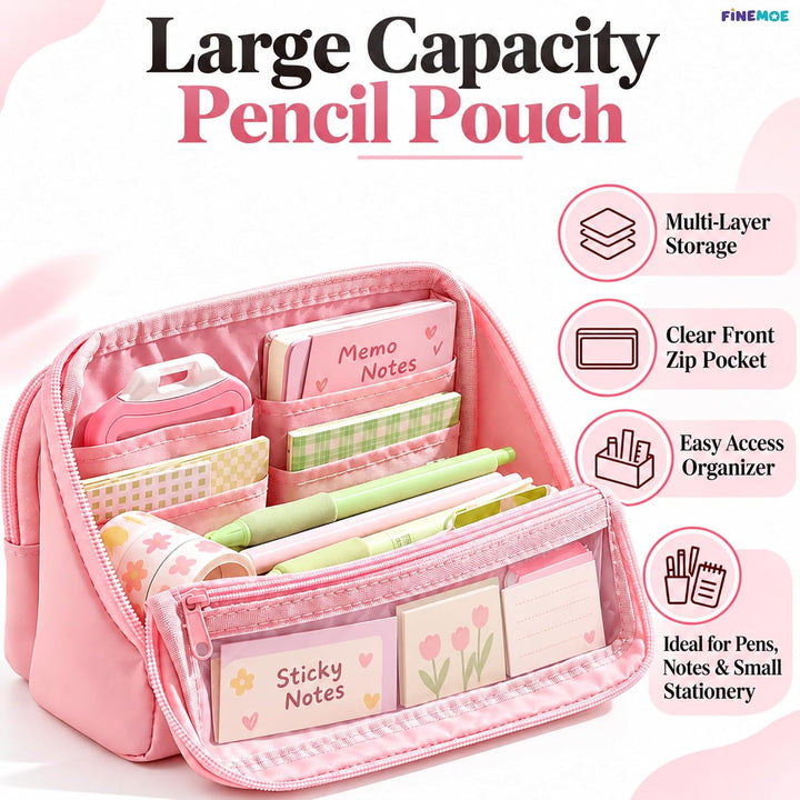 Standing Pencil Case – Detachable Clear Pouch – Pink