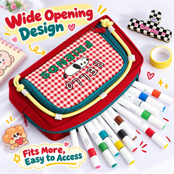 Double-Zip Puppy Pencil Pouch – Canvas – Red