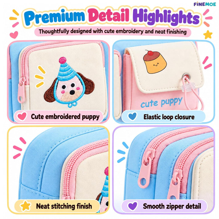 Cute Puppy Pencil Pouch – Embroidered, 4 Pockets