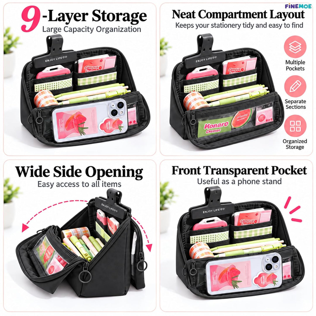Standing Pencil Case – Detachable Clear Pouch – Black
