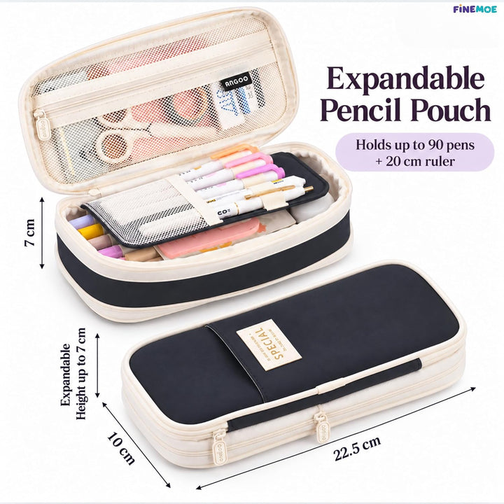 Expandable Pencil Case – Slim 3 cm, Opens to 7 cm – Black