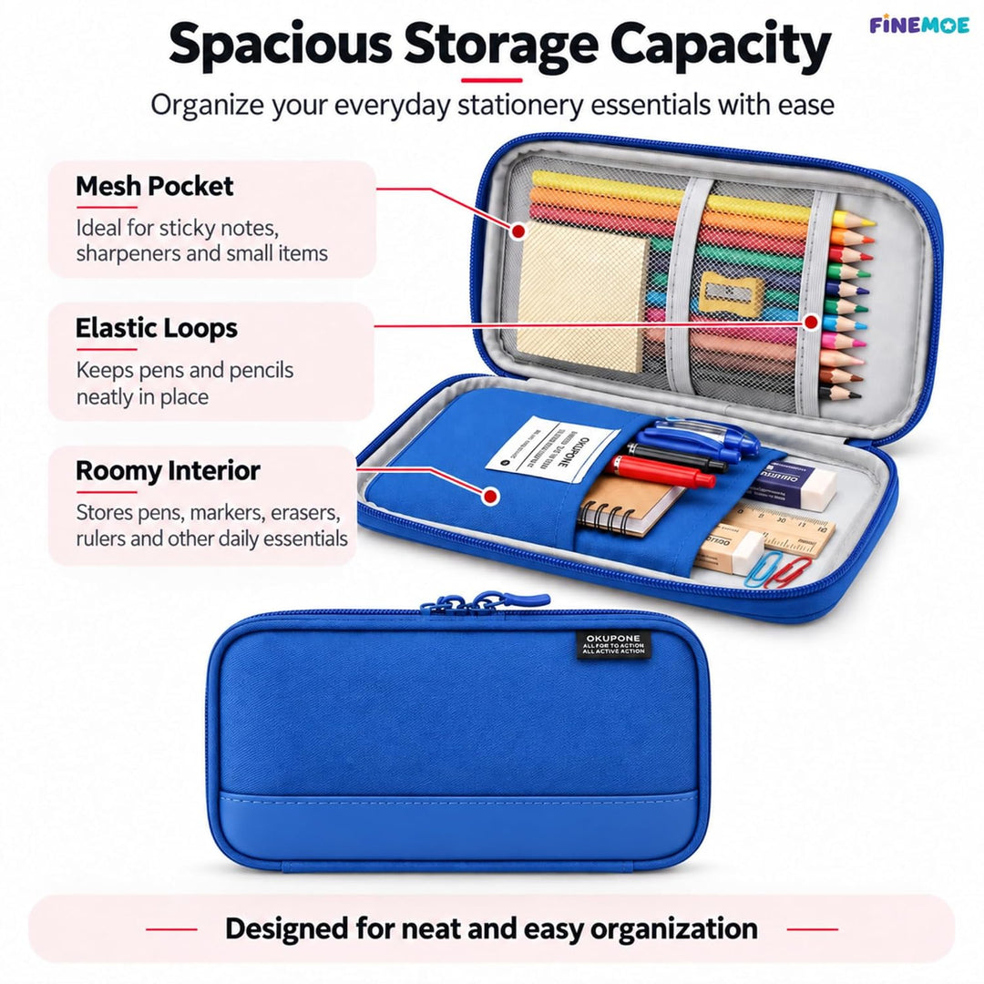 Book-Style Pencil Case – Mesh and Phone Pocket – Blue