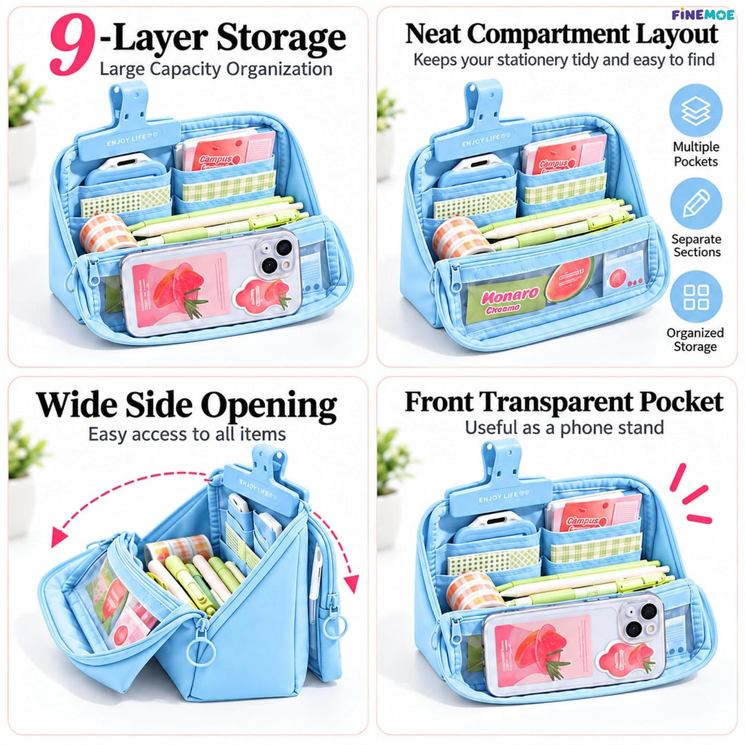 Standing Pencil Case – Detachable Clear Pouch – Blue