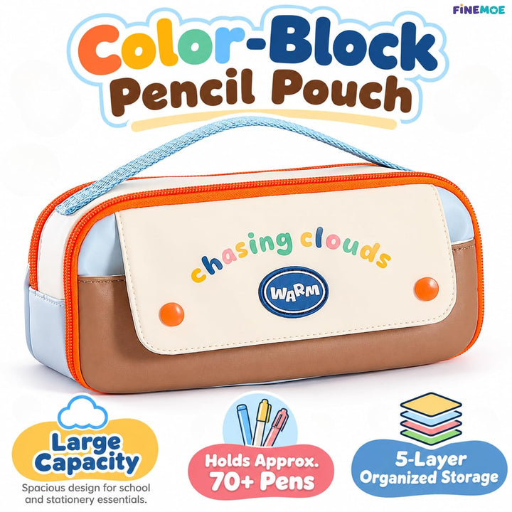 5-Compartment Pencil Pouch – Big Pen Case with Handle – Blue