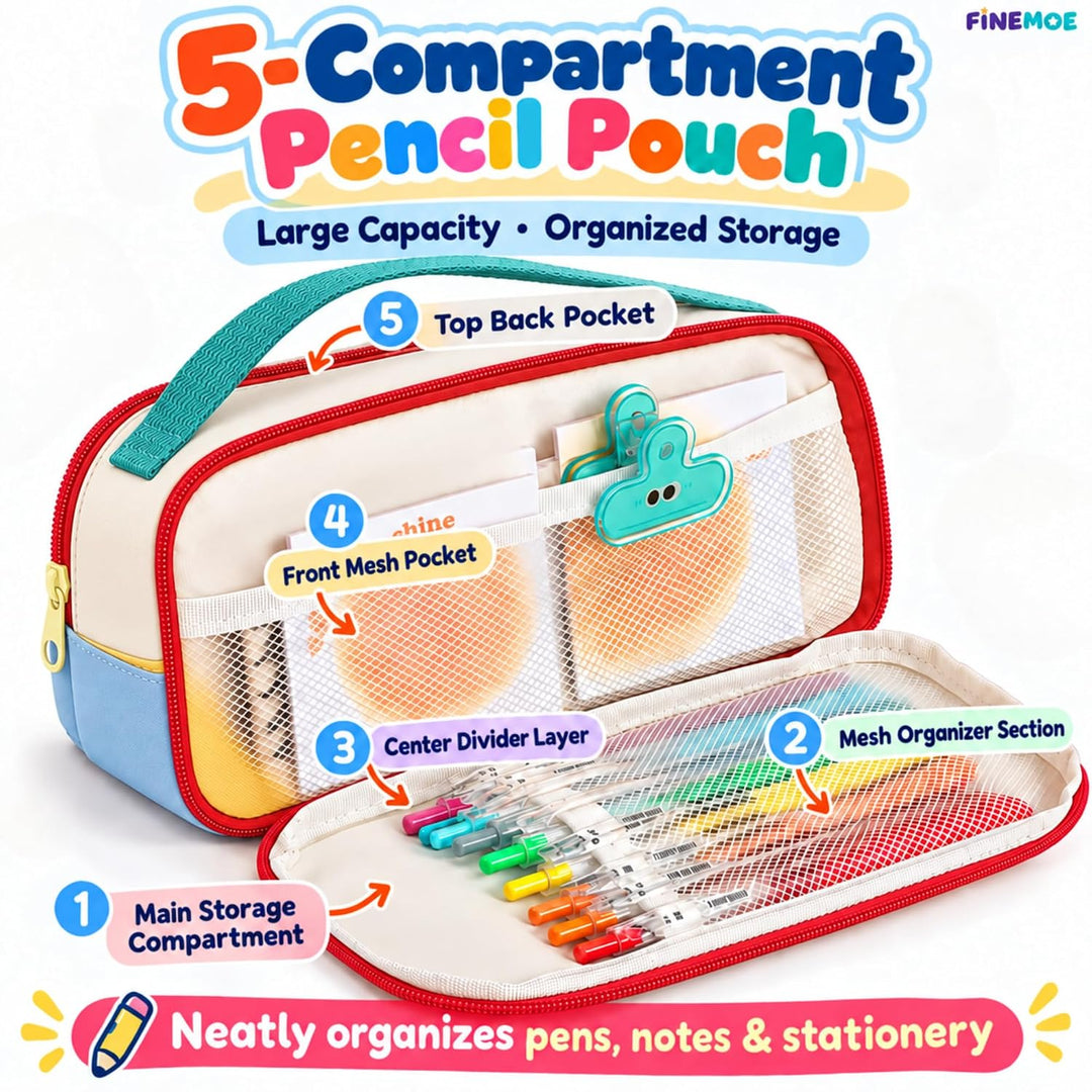 5-Compartment Pencil Pouch – Big Pen Case with Handle – Yellow