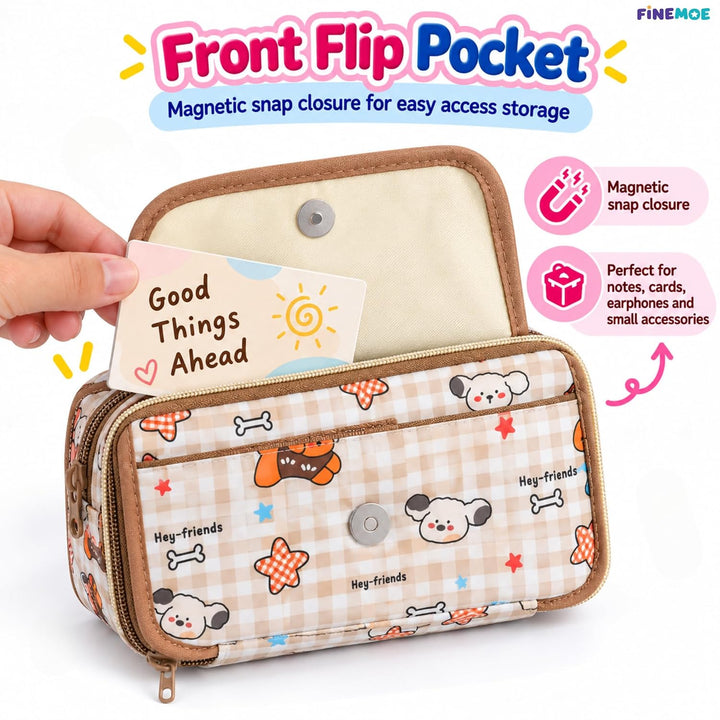 9-Layer Plaid Pencil Pouch – Flip-Open Front – Plaid Brown