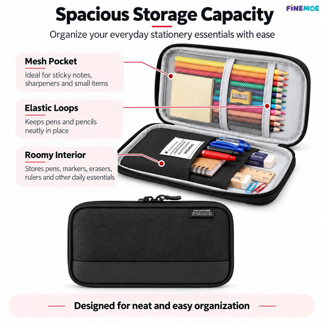 Book-Style Pencil Case – Mesh and Phone Pocket – Black