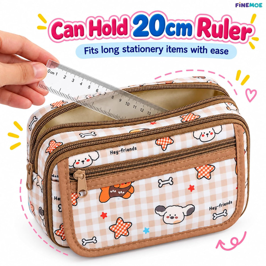 9-Layer Plaid Pencil Pouch – Flip-Open Front – Plaid Brown