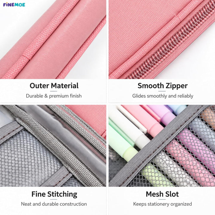 Book-Style Pencil Case – Mesh and Phone Pocket – Pink