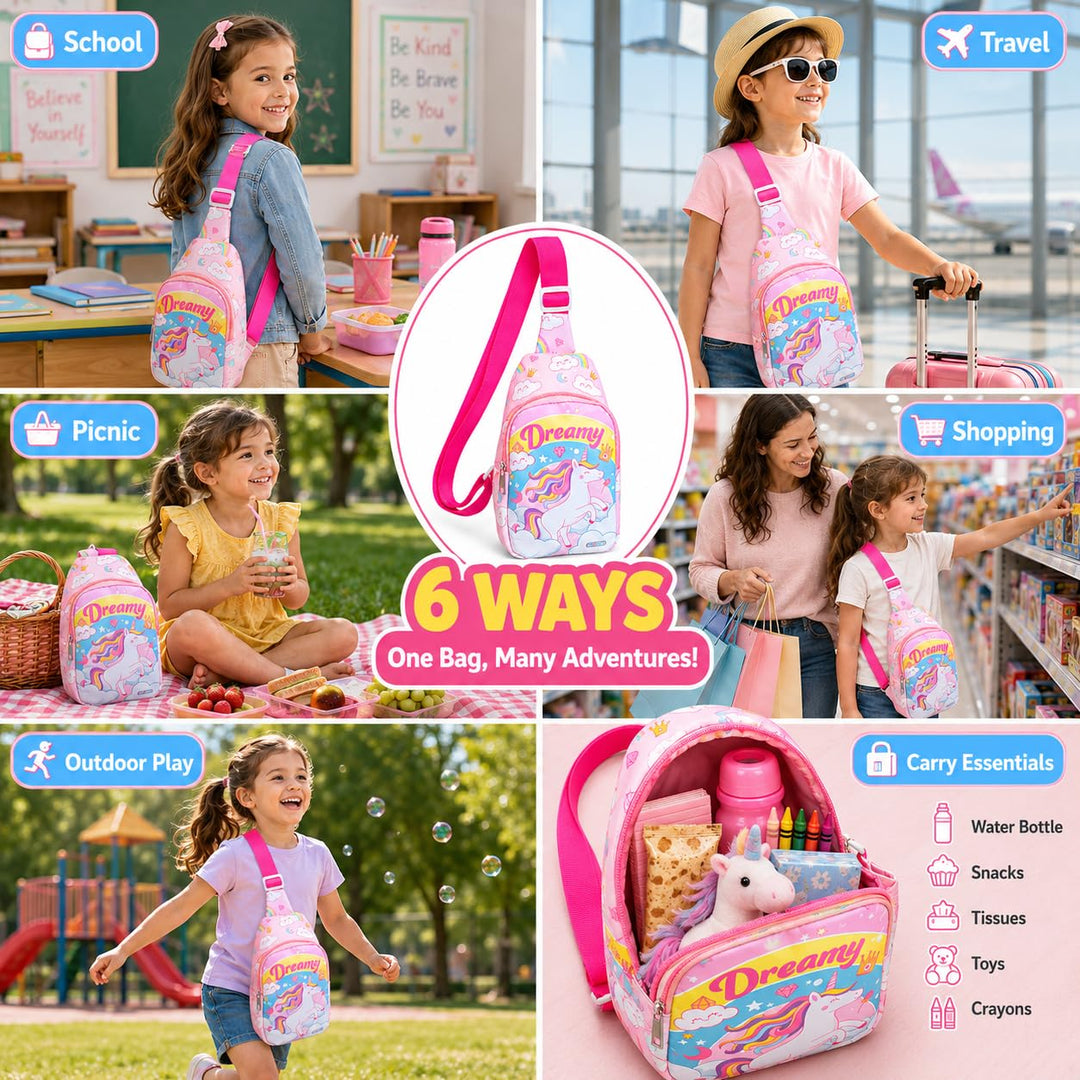 Kids sling bag – Dreamy Unicorn print (pink)