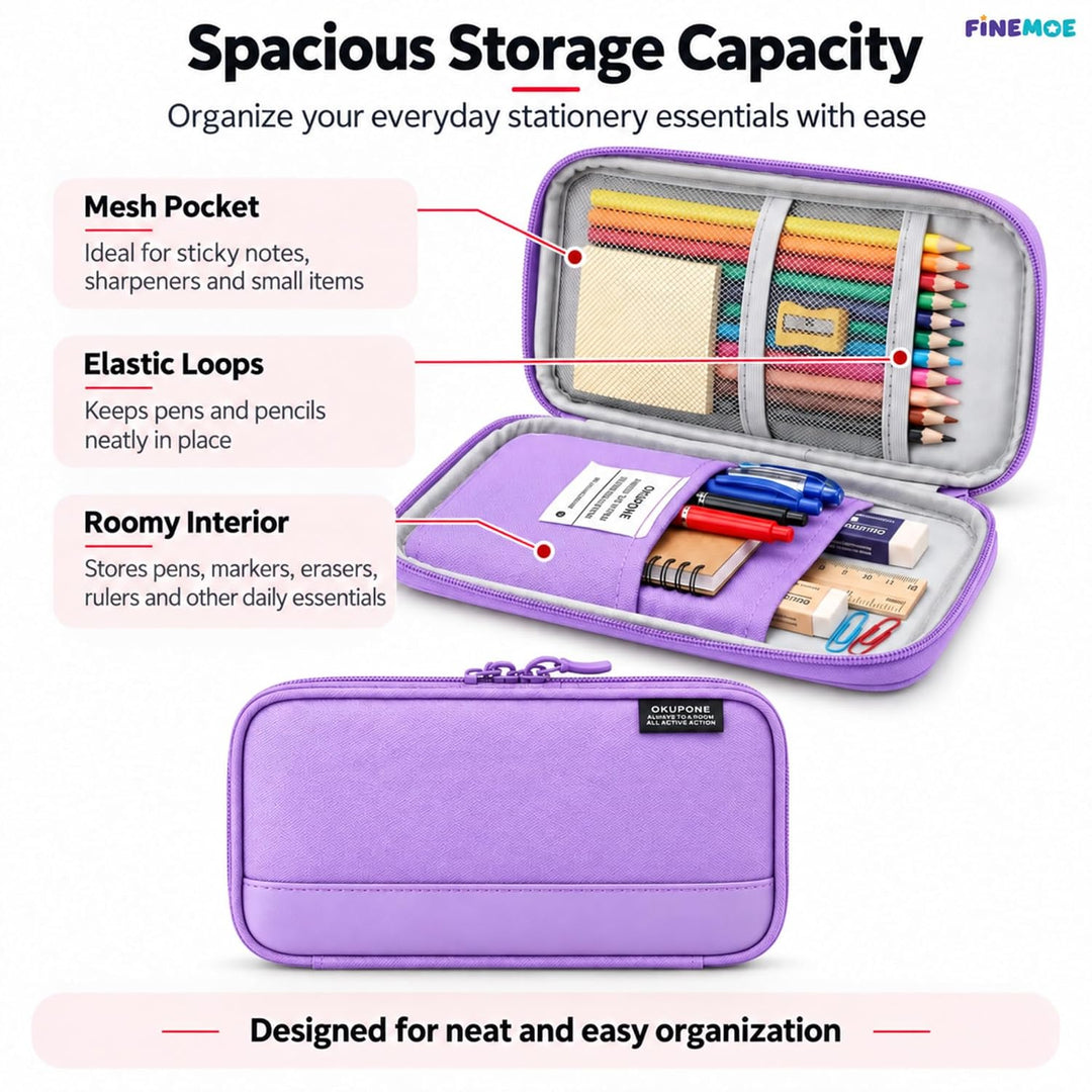 Book-Style Pencil Case – Mesh and Phone Pocket – Purple