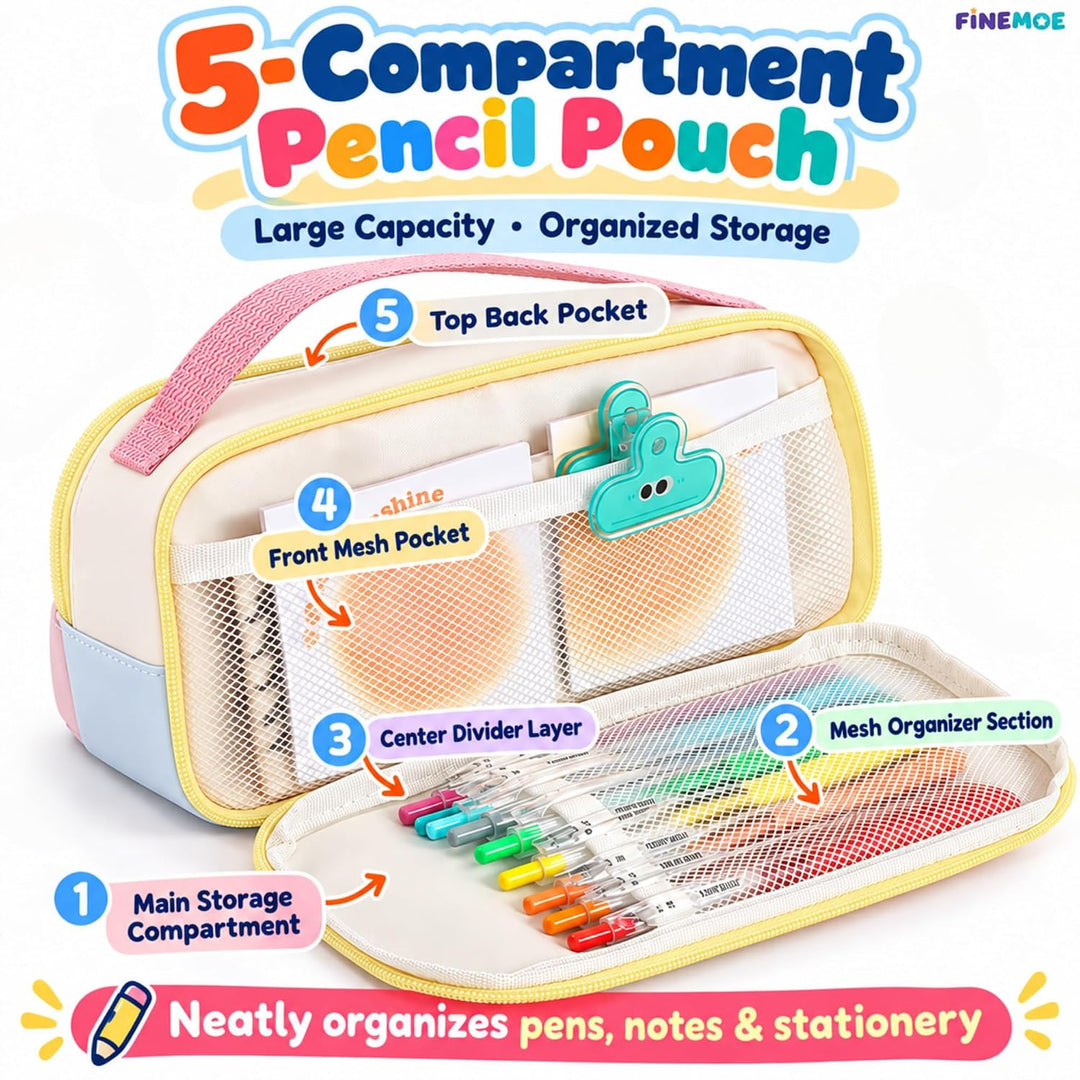 5-Compartment Pencil Pouch – Big Pen Case with Handle – Pink