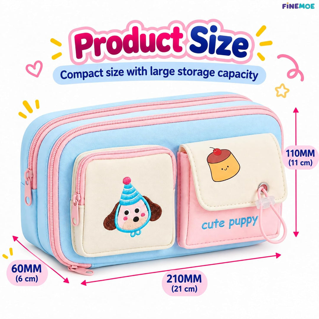 Cute Puppy Pencil Pouch – Embroidered, 4 Pockets