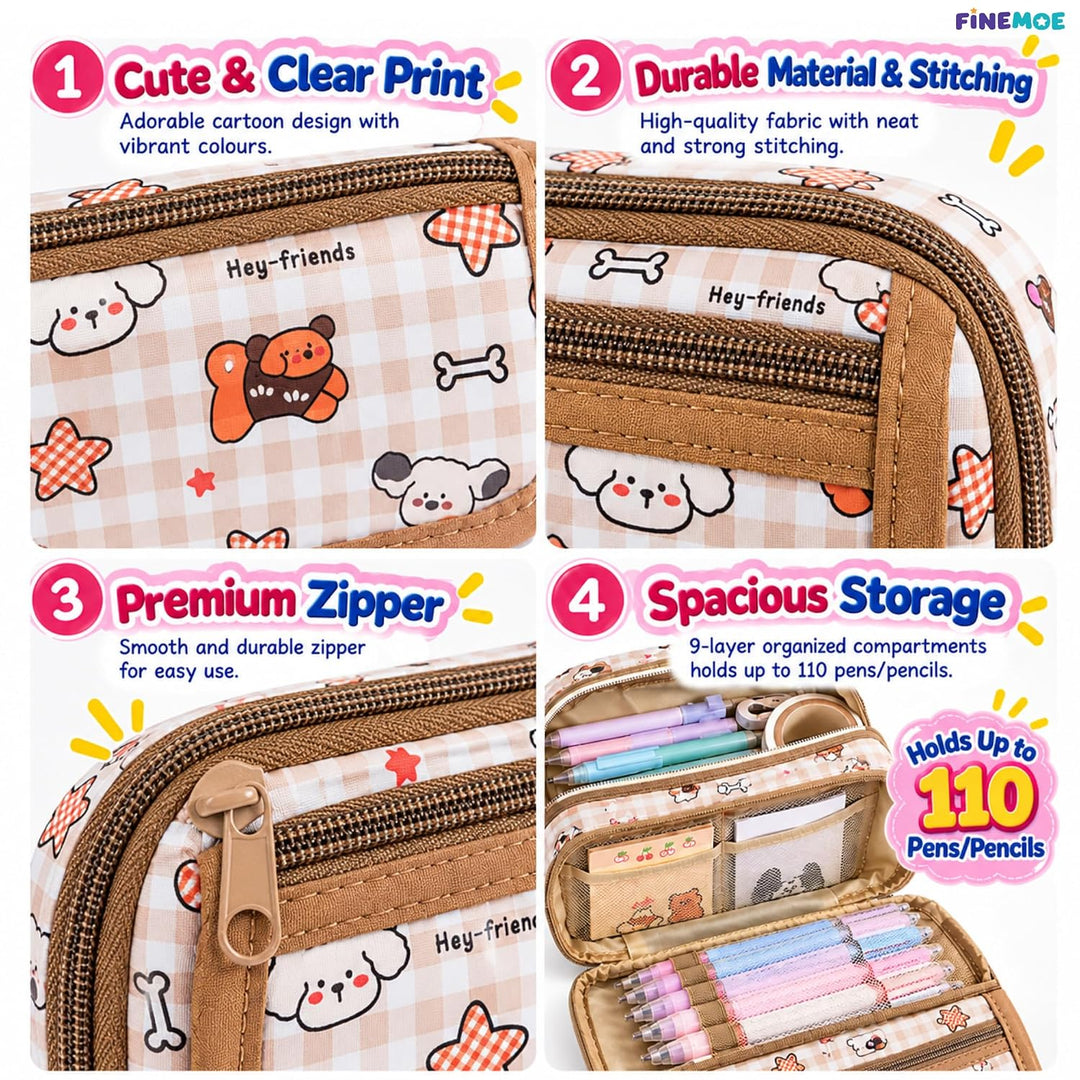 9-Layer Plaid Pencil Pouch – Flip-Open Front – Plaid Brown