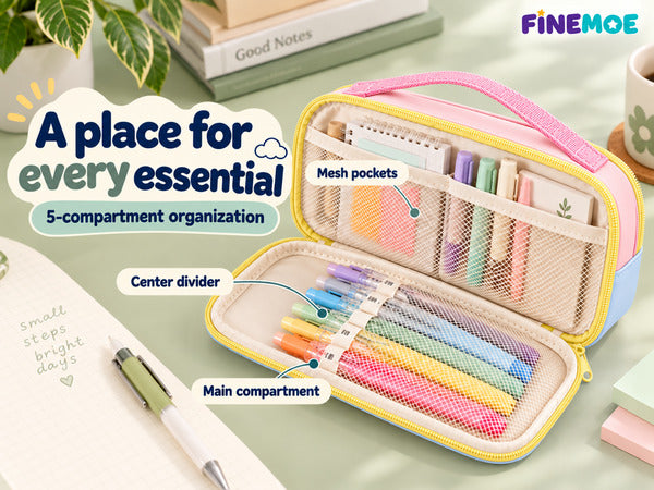 5-Compartment Pencil Pouch – Big Pen Case with Handle