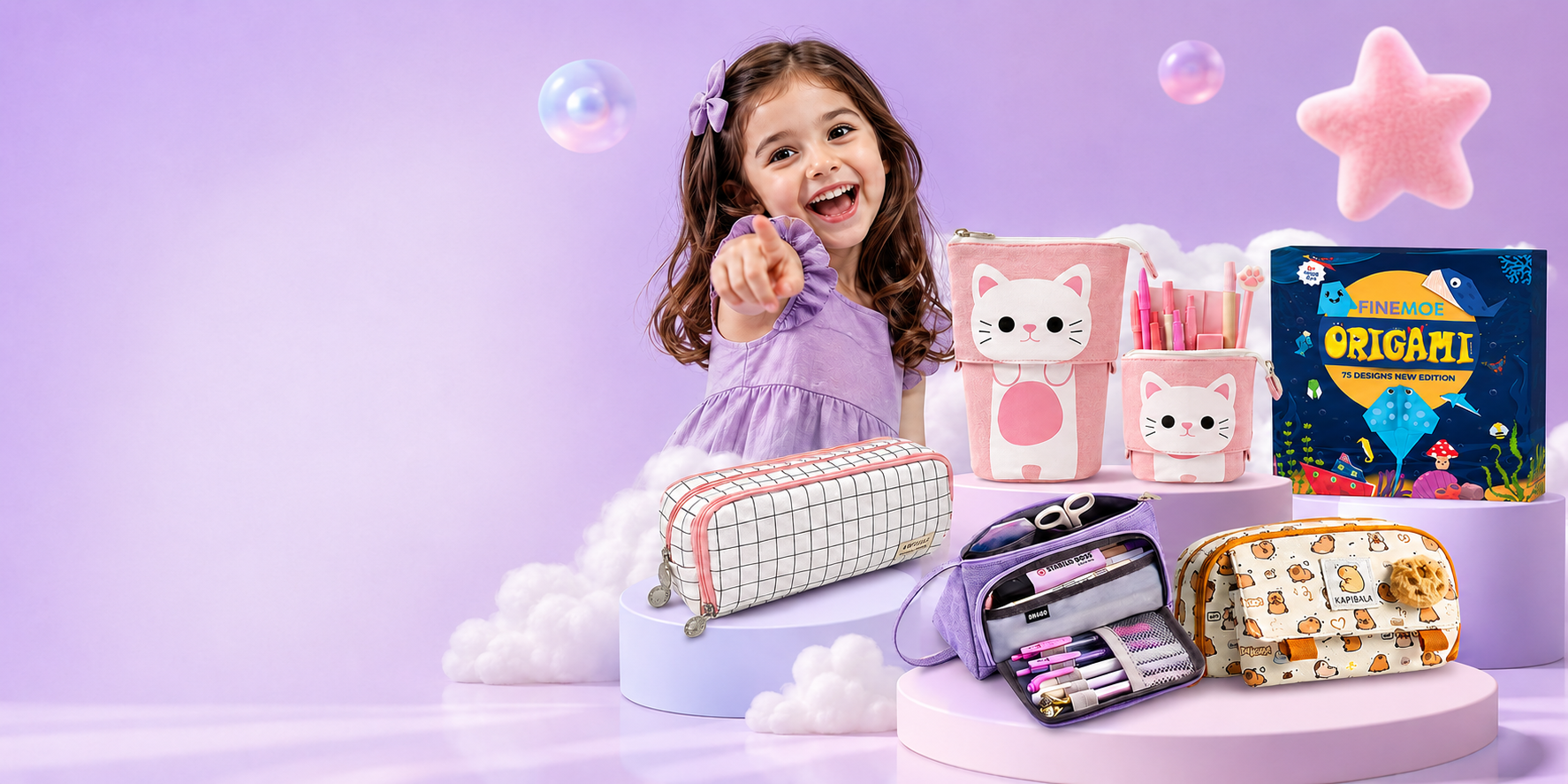 Child with stationery items on a purple background