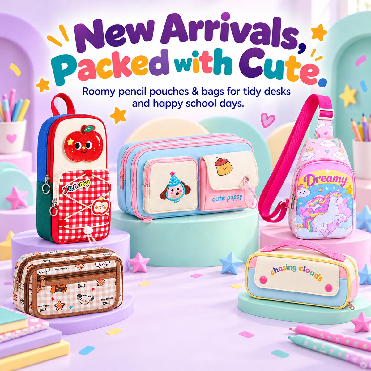 New Arrivals, Packed with Cute - new Finemoe pencil pouches and a unicorn kids sling bag