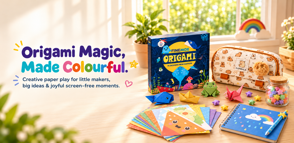 Origami Magic, Made Colourful - Finemoe origami kit with folded paper animals, origami paper and a jar of paper stars