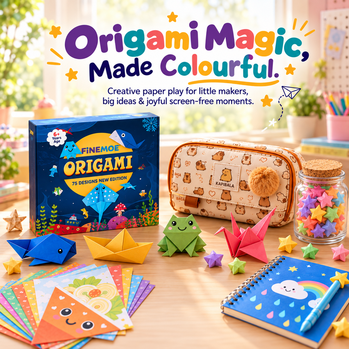Origami Magic, Made Colourful - Finemoe origami kit with folded paper animals, origami paper and a jar of paper stars