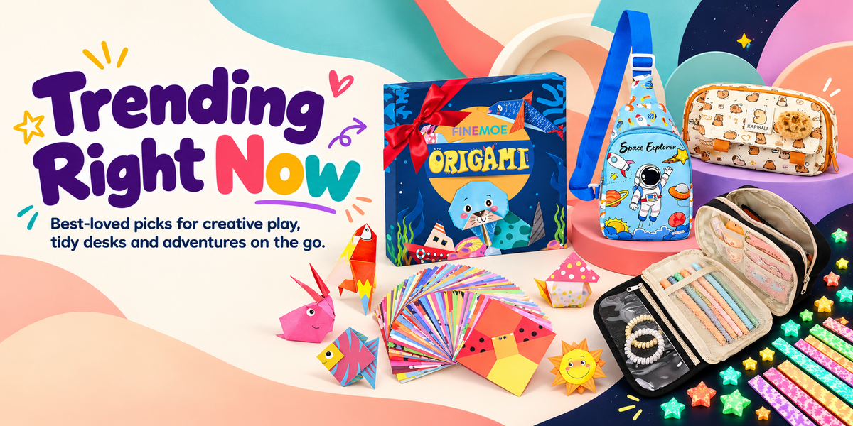 Trending right now: Finemoe best sellers - origami kit, astronaut kids sling bag, capybara pencil pouch, 9-layer pencil pouch and glow-in-the-dark star strips