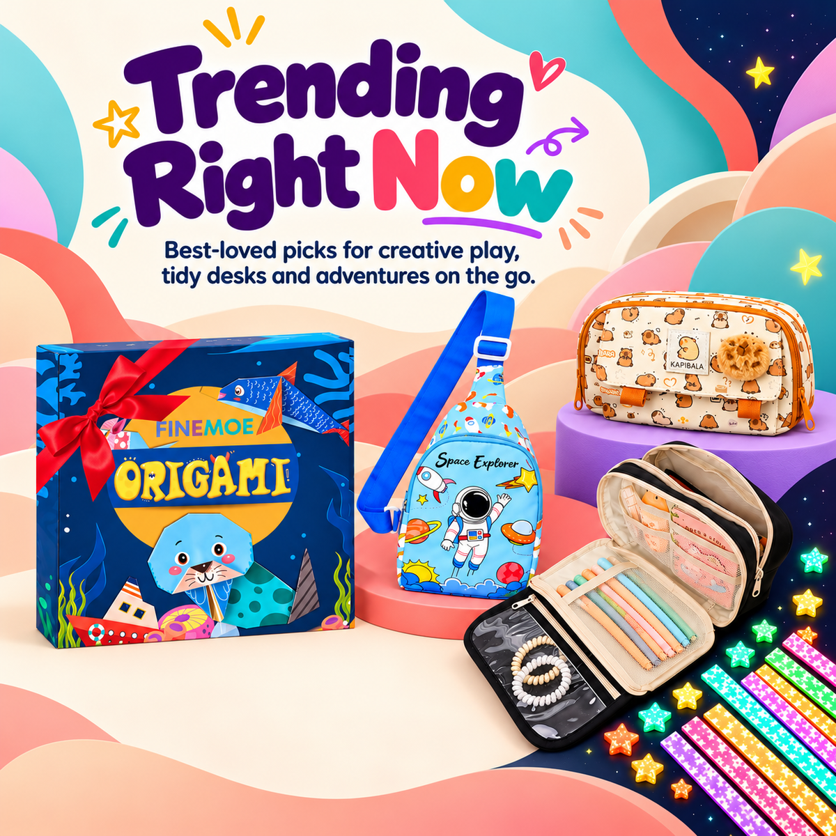 Trending right now: Finemoe best sellers - origami kit, astronaut kids sling bag, capybara pencil pouch, 9-layer pencil pouch and glow-in-the-dark star strips