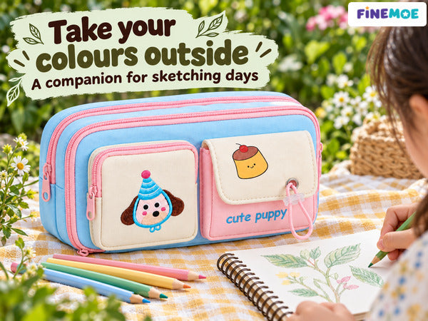 Cute Puppy Pencil Pouch – Embroidered, 4 Pockets