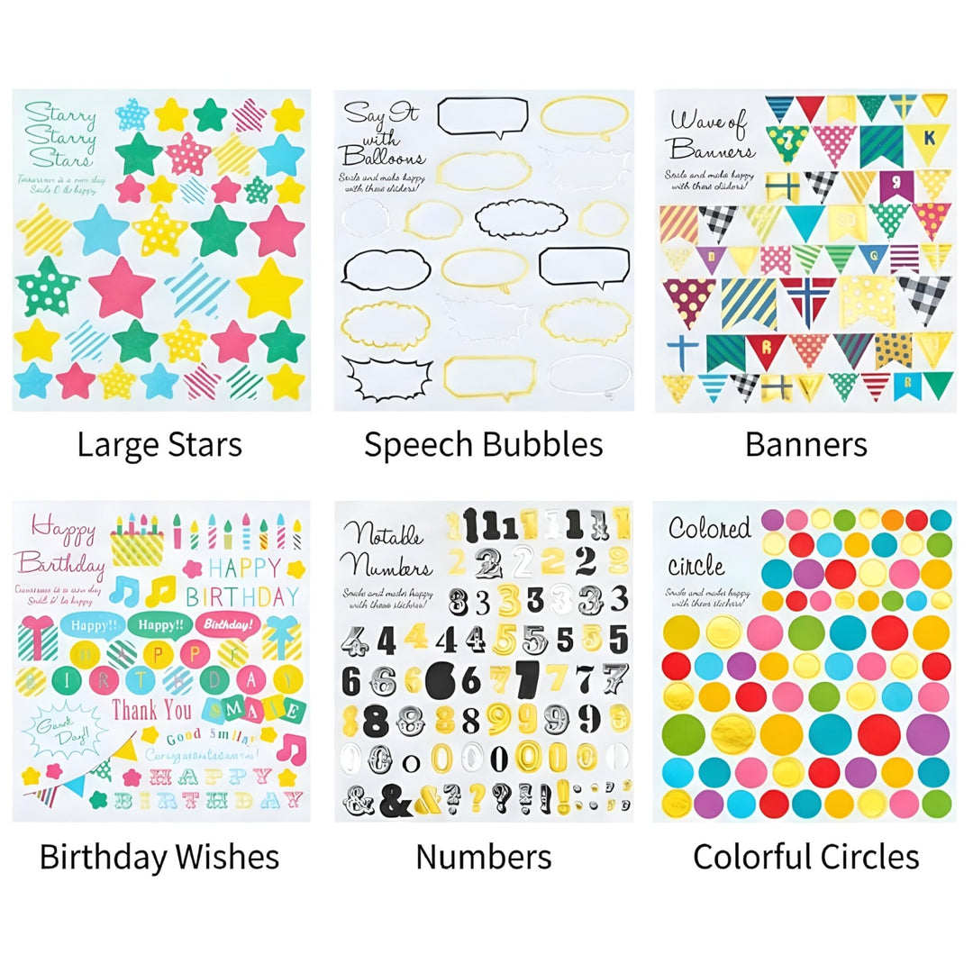 Aesthetic Sticker Pack – Cute Self - Adhesive Stickers (12 Sheets, Birthday Mix Theme) - Finemoe