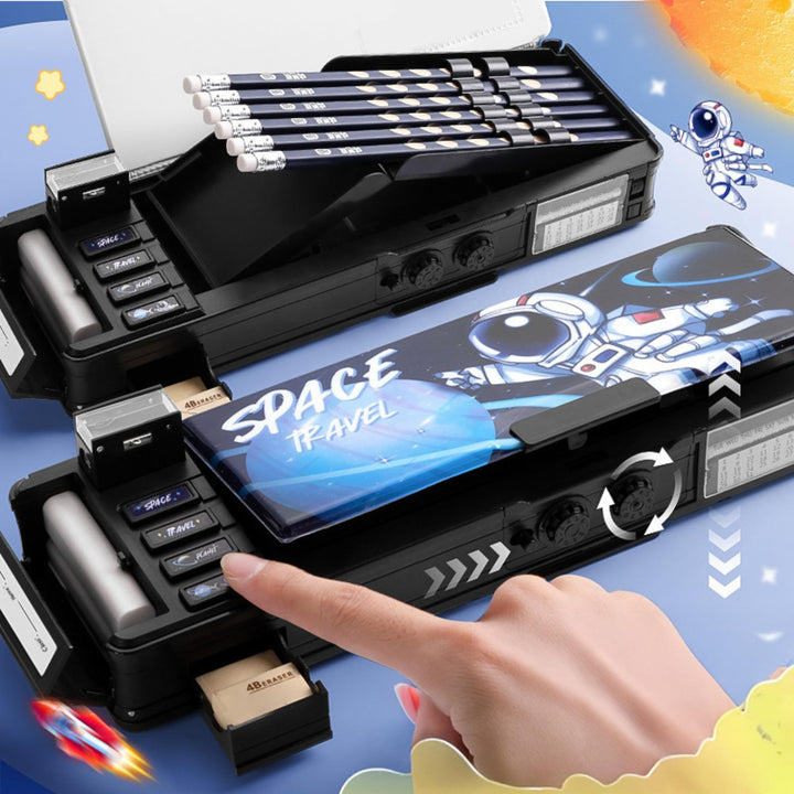 Astronaut Pencil Case for Kids – Double Layer Large Capacity (Blue &amp; Black) - Finemoe