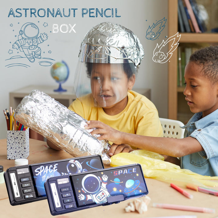 Astronaut Pencil Case for Kids – Double Layer Large Capacity (Blue &amp; Black) - Finemoe