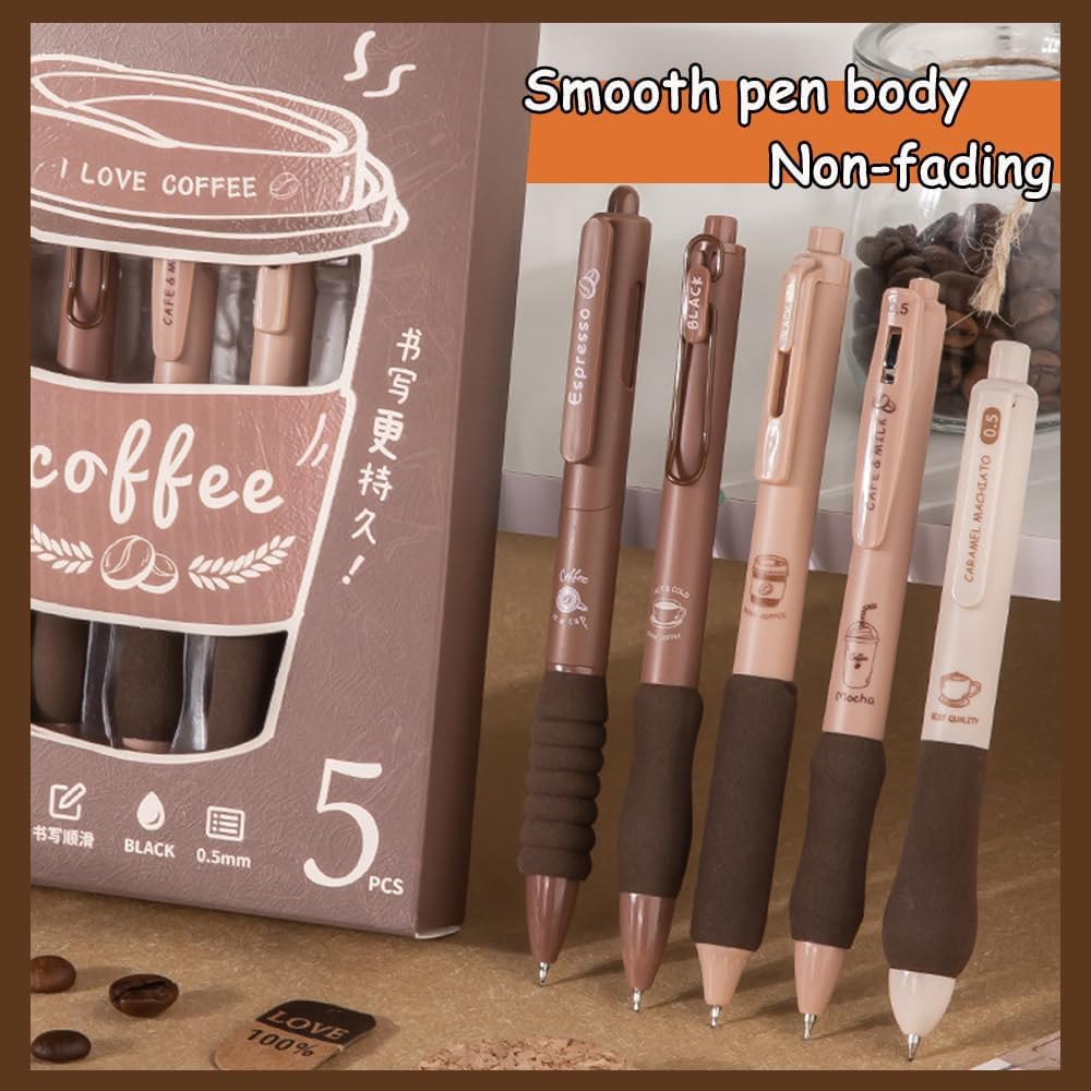 Coffee Theme Gel Pens Set of 5 Black Ink - Finemoe