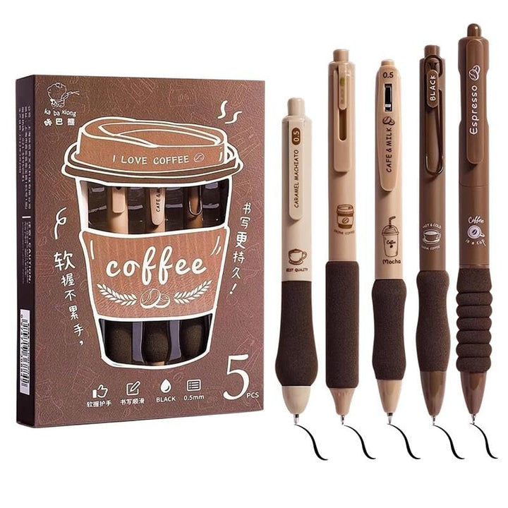 Coffee Theme Gel Pens Set of 5 Black Ink - Finemoe