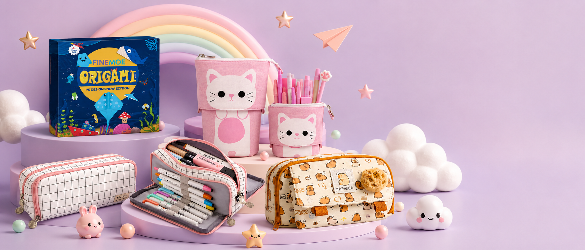 Stationery items including a pink pencil case, a box of origami, and a rainbow on a purple background.