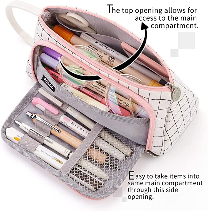 FineMoe Large Pencil Case, Big Capacity Storage Pen &amp; Pencil Pouch for Girls &amp; Boys, Aesthetic Canvas Pencil Box Pouch for School - Organize Markers Pens Stationary Pouch Supplies (Plaid White) - Finemoe