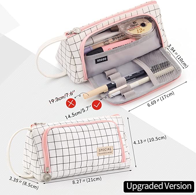 FineMoe Large Pencil Case, Big Capacity Storage Pen &amp; Pencil Pouch for Girls &amp; Boys, Aesthetic Canvas Pencil Box Pouch for School - Organize Markers Pens Stationary Pouch Supplies (Plaid White) - Finemoe
