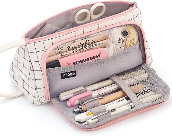 FineMoe Large Pencil Case, Big Capacity Storage Pen &amp; Pencil Pouch for Girls &amp; Boys, Aesthetic Canvas Pencil Box Pouch for School - Organize Markers Pens Stationary Pouch Supplies (Plaid White) - Finemoe