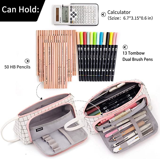 FineMoe Large Pencil Case, Big Capacity Storage Pen &amp; Pencil Pouch for Girls &amp; Boys, Aesthetic Canvas Pencil Box Pouch for School - Organize Markers Pens Stationary Pouch Supplies (Plaid White) - Finemoe