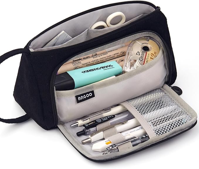 FineMoe Large Pencil Case, Big Capacity Storage Pen &amp; Pencil Pouch for Girls &amp; Boys, Aesthetic Canvas Pencil Box Pouch for School - Organize Markers Pens Stationary Pouch Supplies (Plaid White) - Finemoe