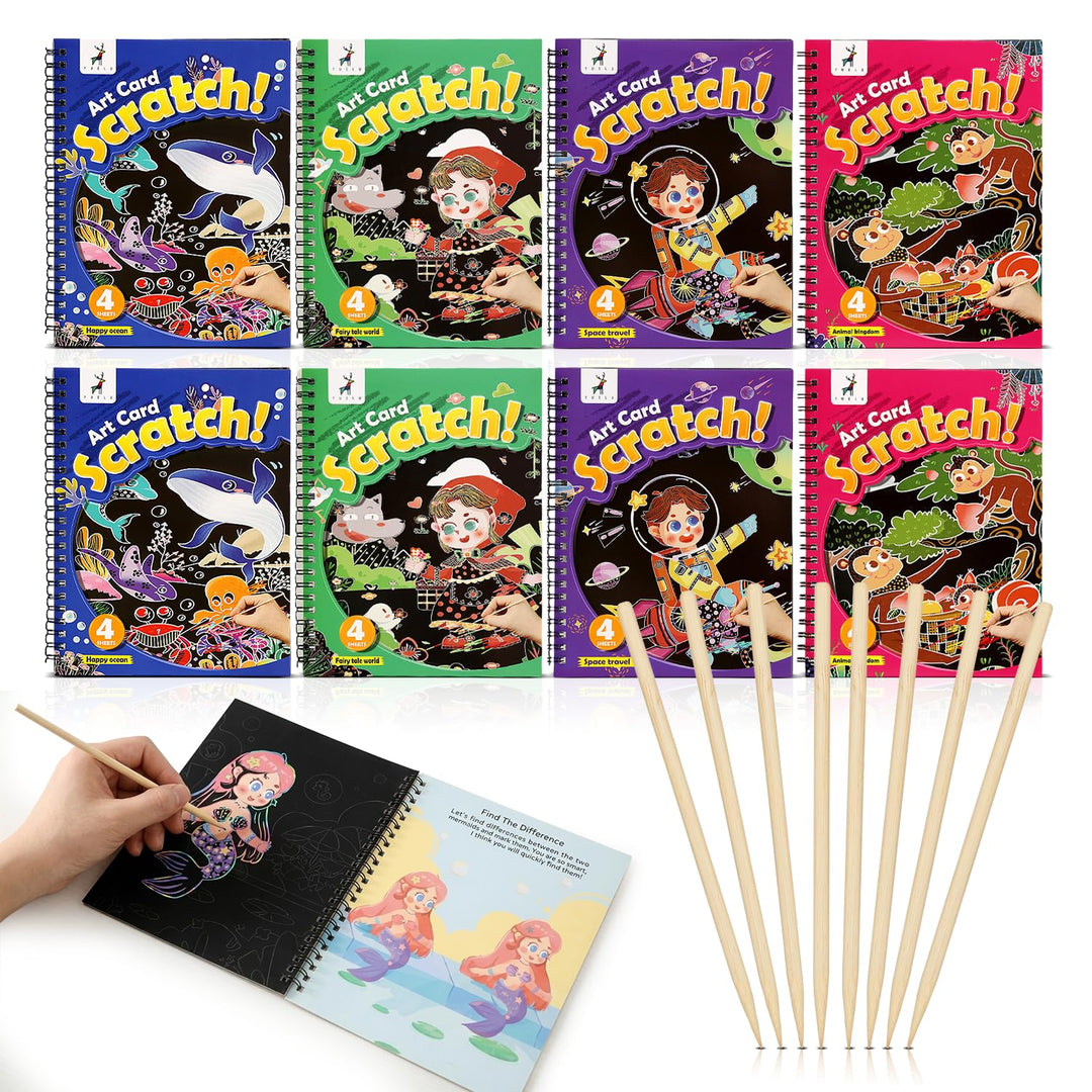 FINEMOE Magic Scratch Art Book with Wooden Stylus, Thoughtful Return Gifts for Girls &amp; Boys Ages 3 &amp; Above, Art &amp; Craft Kit for Kids, Educational Activity Kit - Finemoe