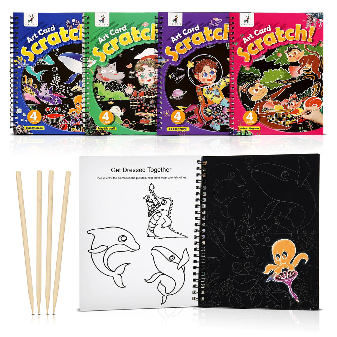 FINEMOE Magic Scratch Art Book with Wooden Stylus, Thoughtful Return Gifts for Girls & Boys Ages 3 & Above, Art & Craft Kit for Kids, Educational Activity Kit - Finemoe