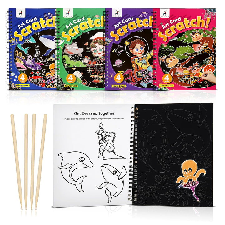 FINEMOE Magic Scratch Art Book with Wooden Stylus, Thoughtful Return Gifts for Girls &amp; Boys Ages 3 &amp; Above, Art &amp; Craft Kit for Kids, Educational Activity Kit - Finemoe