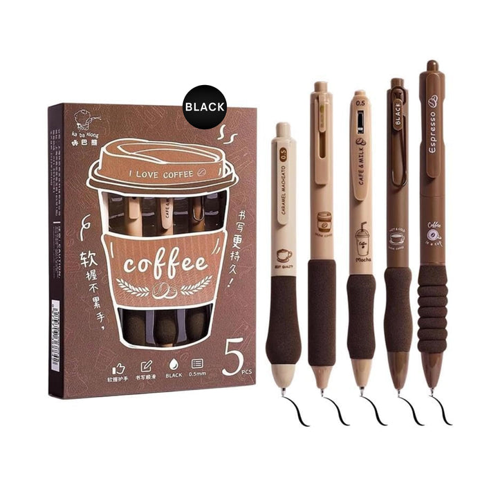 FINEMOE Set of 5 Coffee Theme Gel Pens for Writing, 0.5mm Black Ink Aesthetic Pen with Soft Grip, Cute Kawaii Stationery for Girls &amp; Boys, School Office Use, Return Gift for Kids (Black) - Finemoe