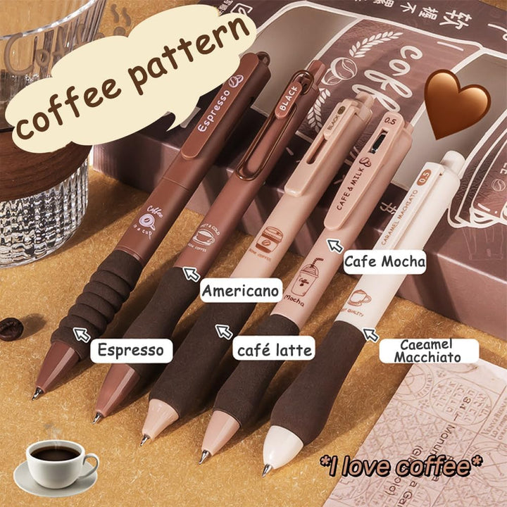 FINEMOE Set of 5 Coffee Theme Gel Pens for Writing, 0.5mm Black Ink Aesthetic Pen with Soft Grip, Cute Kawaii Stationery for Girls &amp; Boys, School Office Use, Return Gift for Kids (Black) - Finemoe
