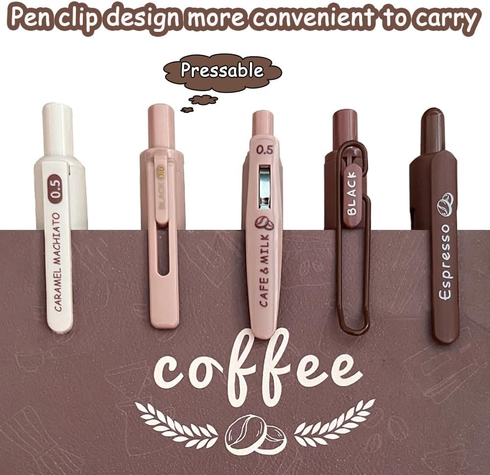 FINEMOE Set of 5 Coffee Theme Gel Pens for Writing, 0.5mm Black Ink Aesthetic Pen with Soft Grip, Cute Kawaii Stationery for Girls &amp; Boys, School Office Use, Return Gift for Kids (Black) - Finemoe