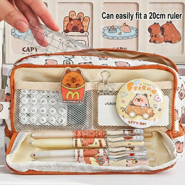 Kawaii Capybara Pencil Pouch – 3 Compartment Spacious Case - Finemoe