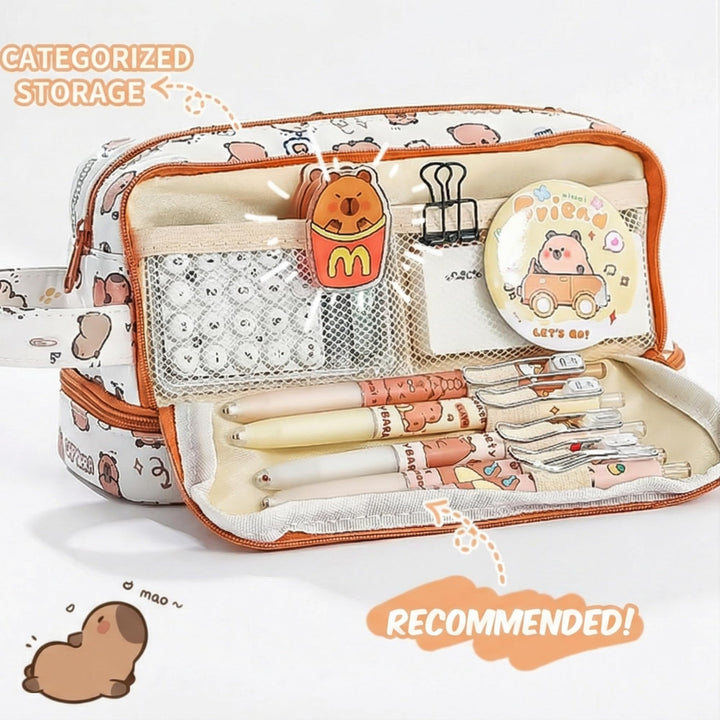 Kawaii Capybara Pencil Pouch – 3 Compartment Spacious Case - Finemoe