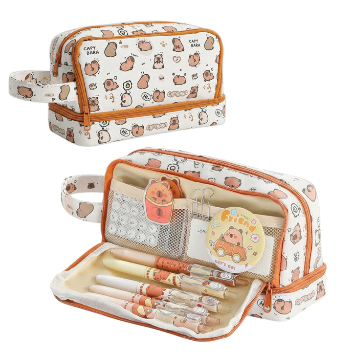 Kawaii Capybara Pencil Pouch – 3 Compartment Spacious Case - Finemoe