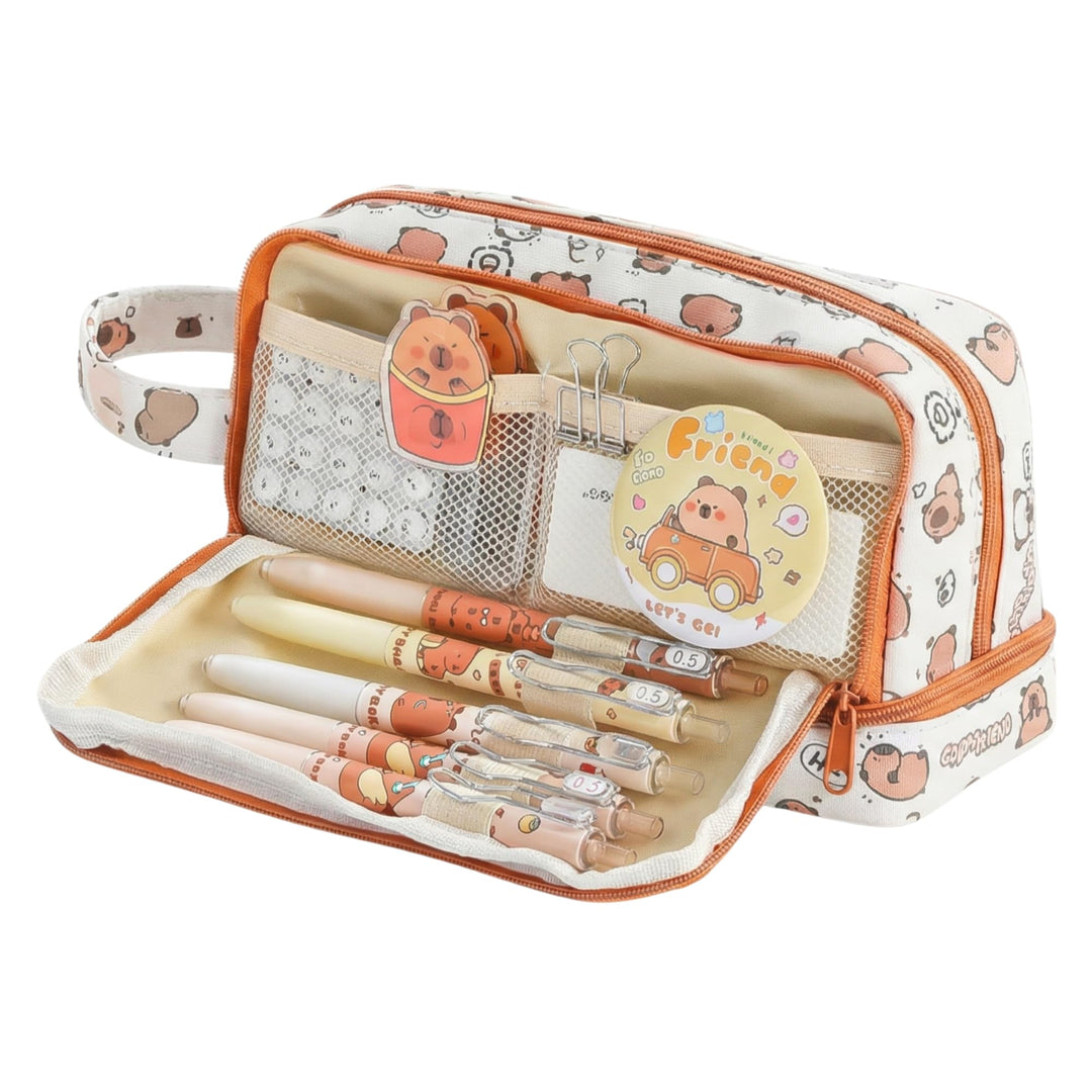 Kawaii Capybara Pencil Pouch – 3 Compartment Spacious Case - Finemoe