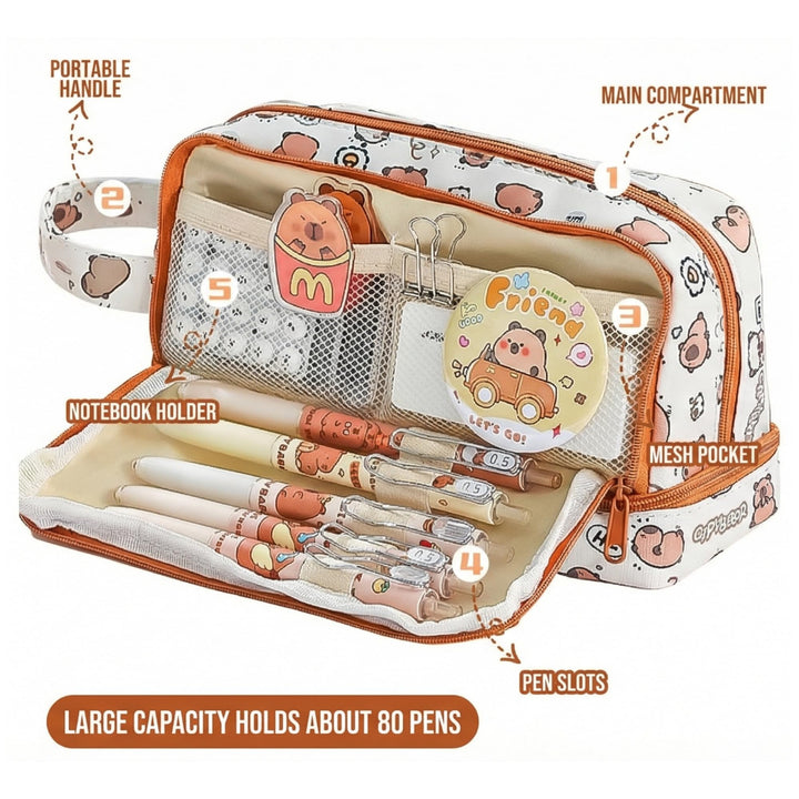 Kawaii Capybara Pencil Pouch – 3 Compartment Spacious Case - Finemoe